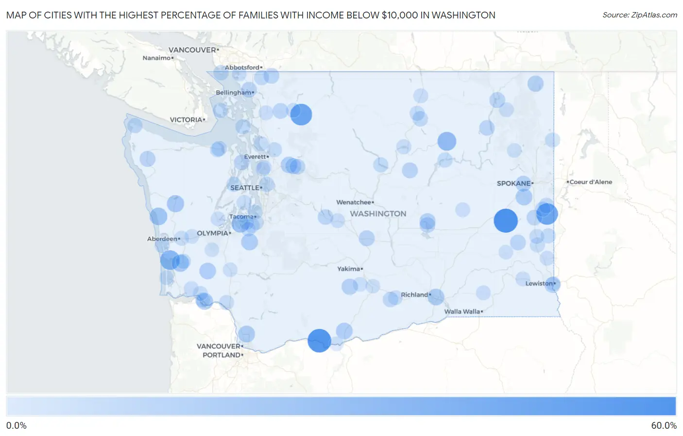 Cities with the Highest Percentage of Families with Income Below $10,000 in Washington Map