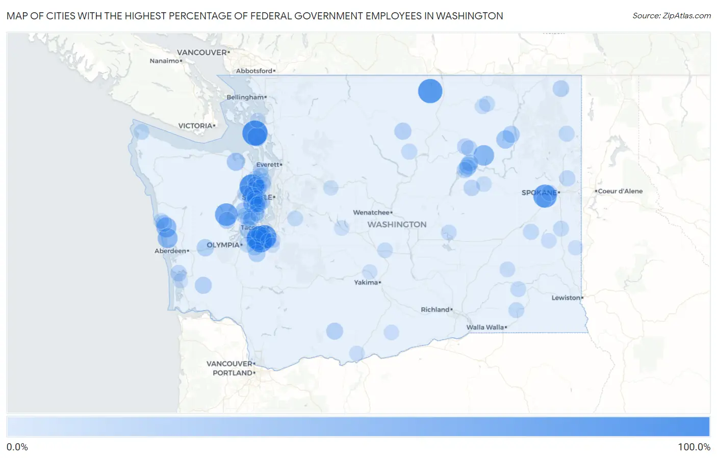 Cities with the Highest Percentage of Federal Government Employees in Washington Map