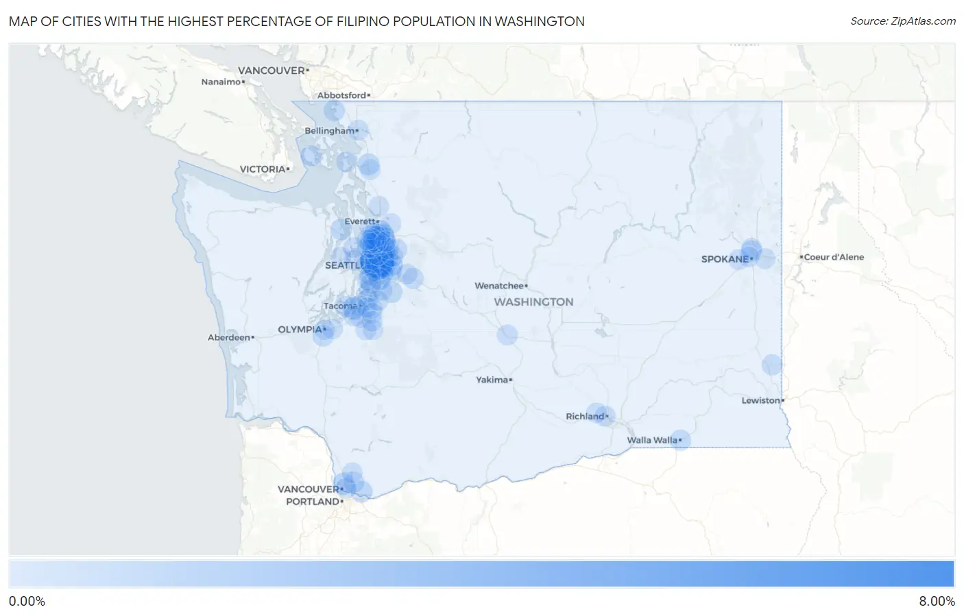 Cities with the Highest Percentage of Filipino Population in Washington Map