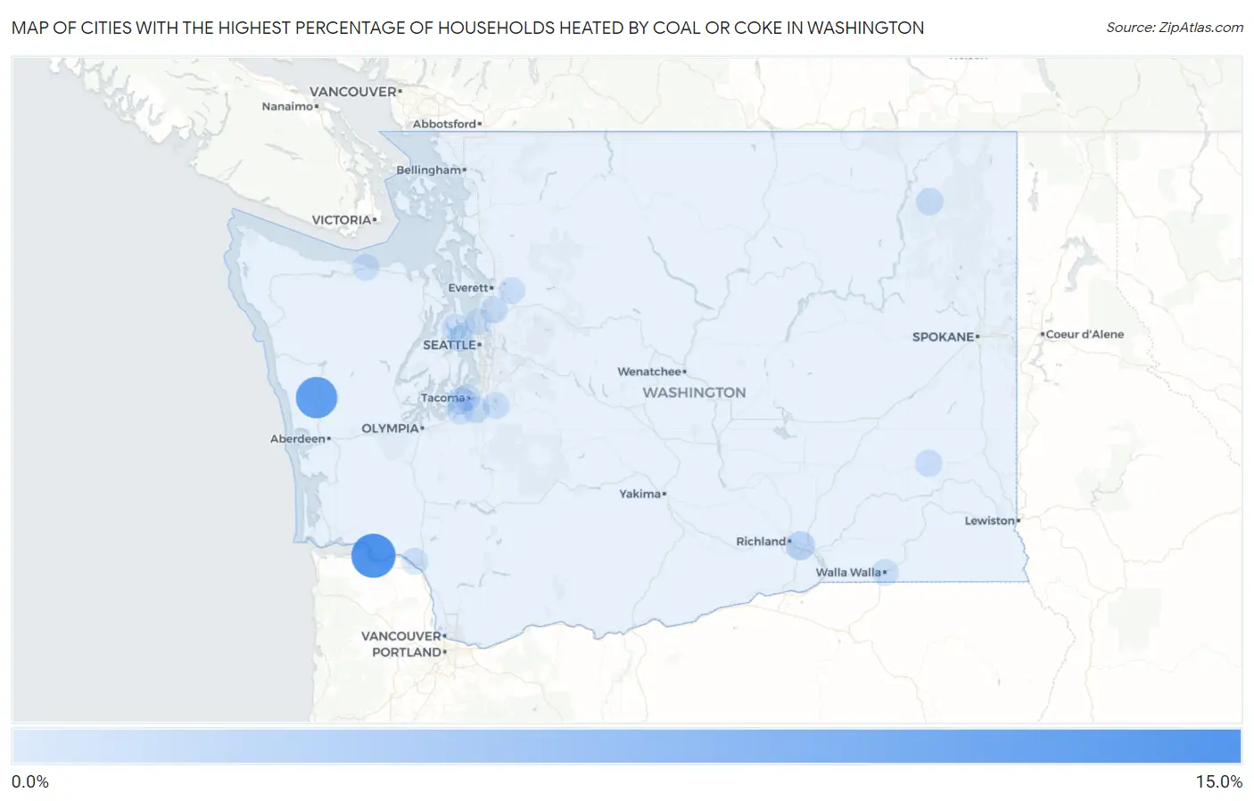 Cities with the Highest Percentage of Households Heated by Coal or Coke in Washington Map