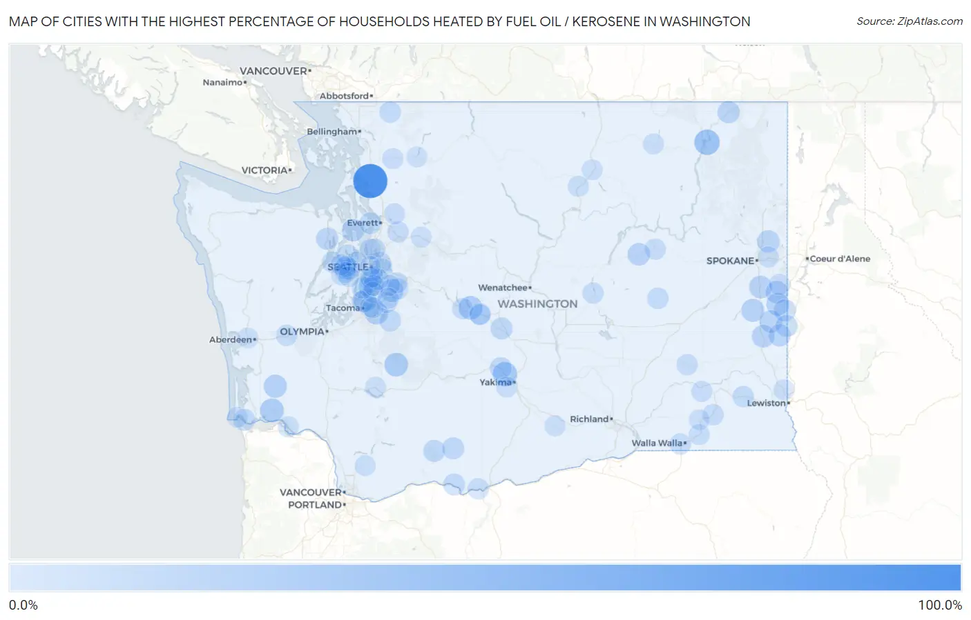 Cities with the Highest Percentage of Households Heated by Fuel Oil / Kerosene in Washington Map