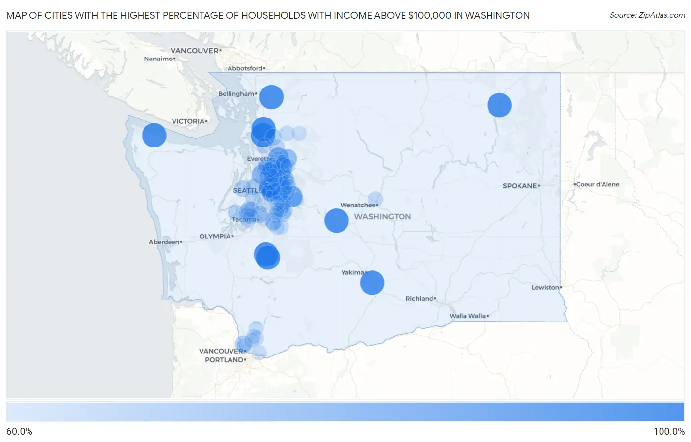 Cities with the Highest Percentage of Households with Income Above $100,000 in Washington Map