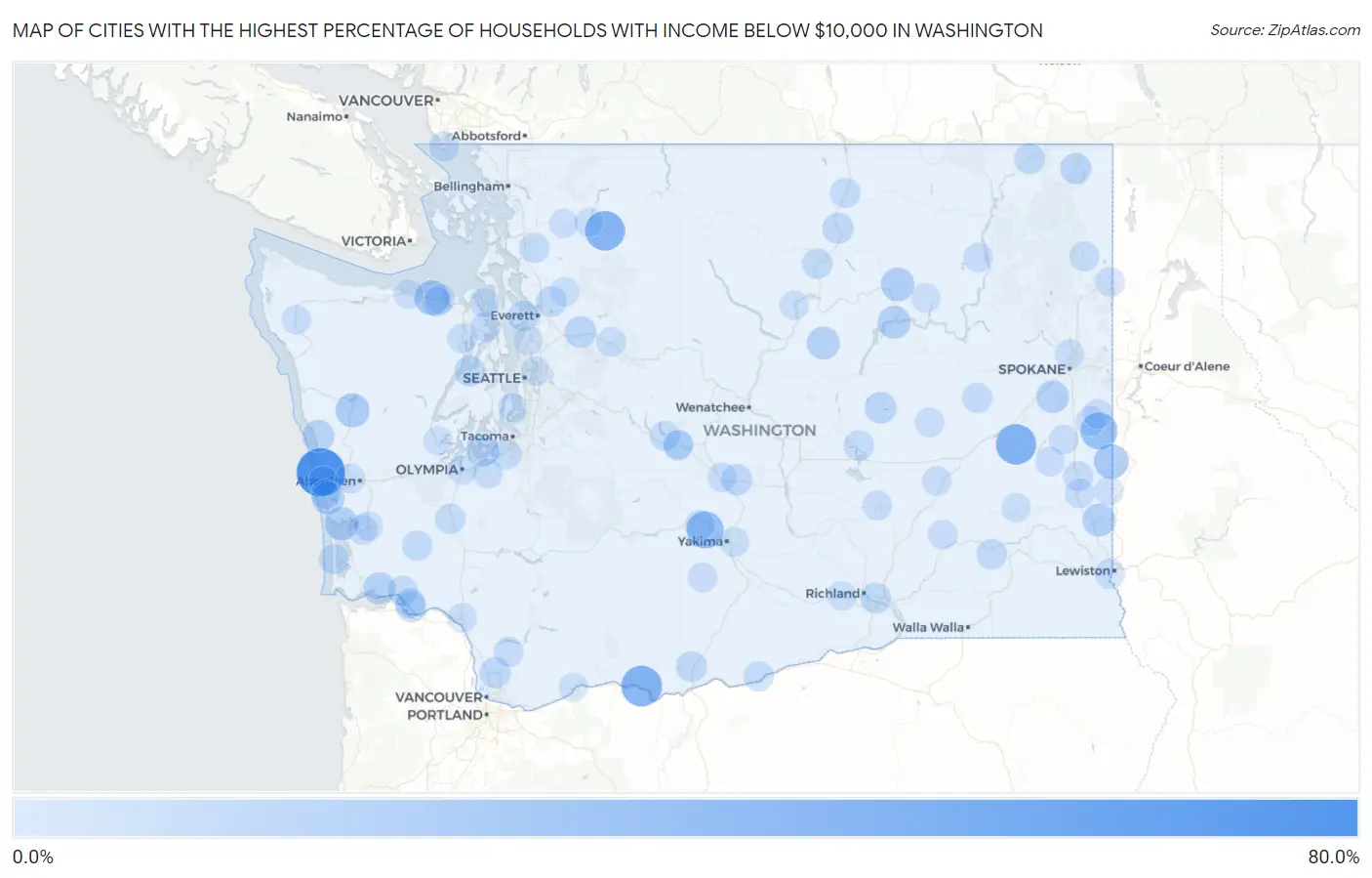 Cities with the Highest Percentage of Households with Income Below $10,000 in Washington Map