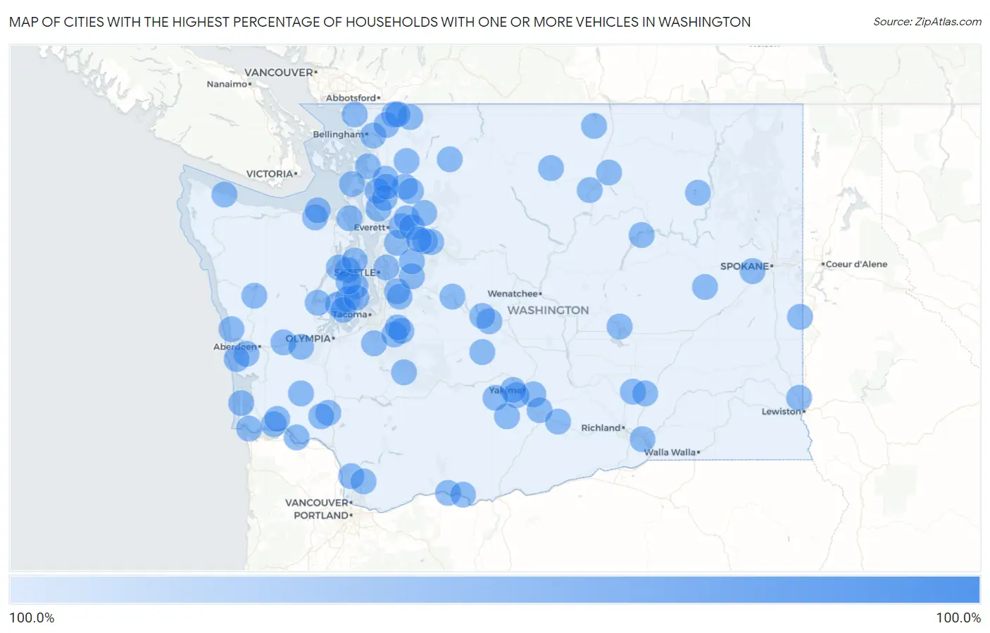 Cities with the Highest Percentage of Households With One or more Vehicles in Washington Map