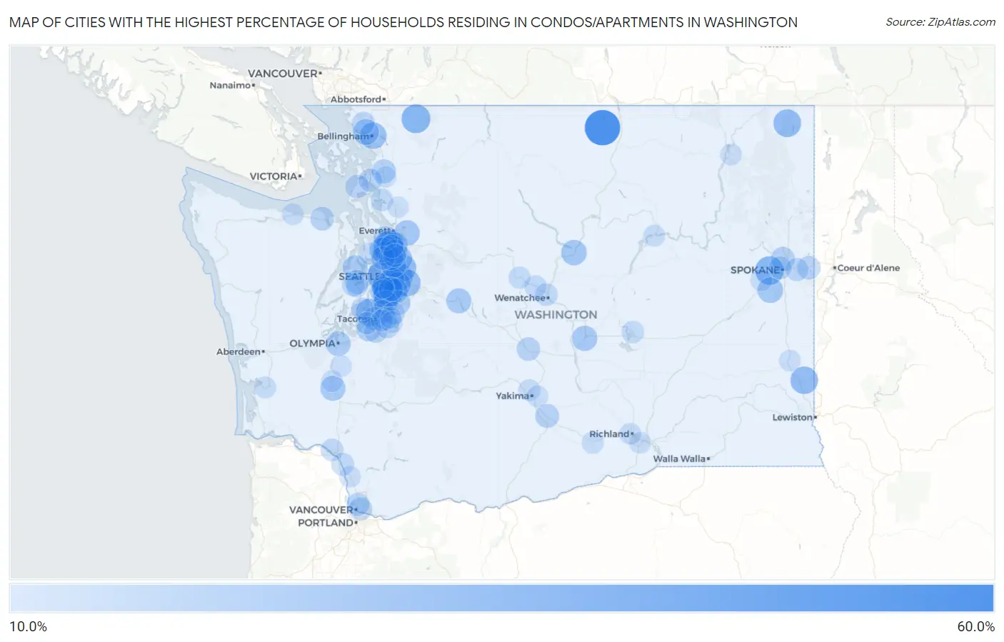 Cities with the Highest Percentage of Households Residing in Condos/Apartments in Washington Map