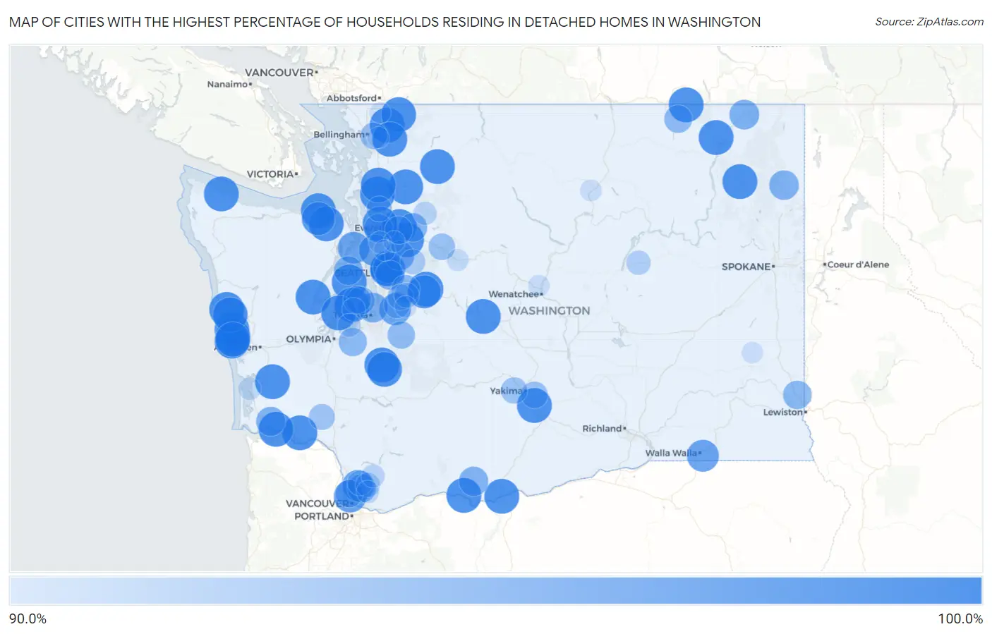 Cities with the Highest Percentage of Households Residing in Detached Homes in Washington Map