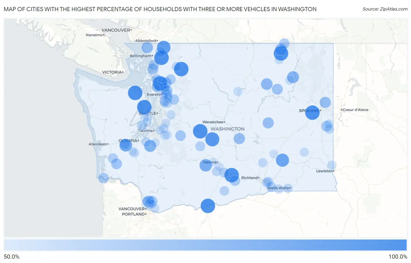 Cities with the Highest Percentage of Households With Three or more Vehicles in Washington Map