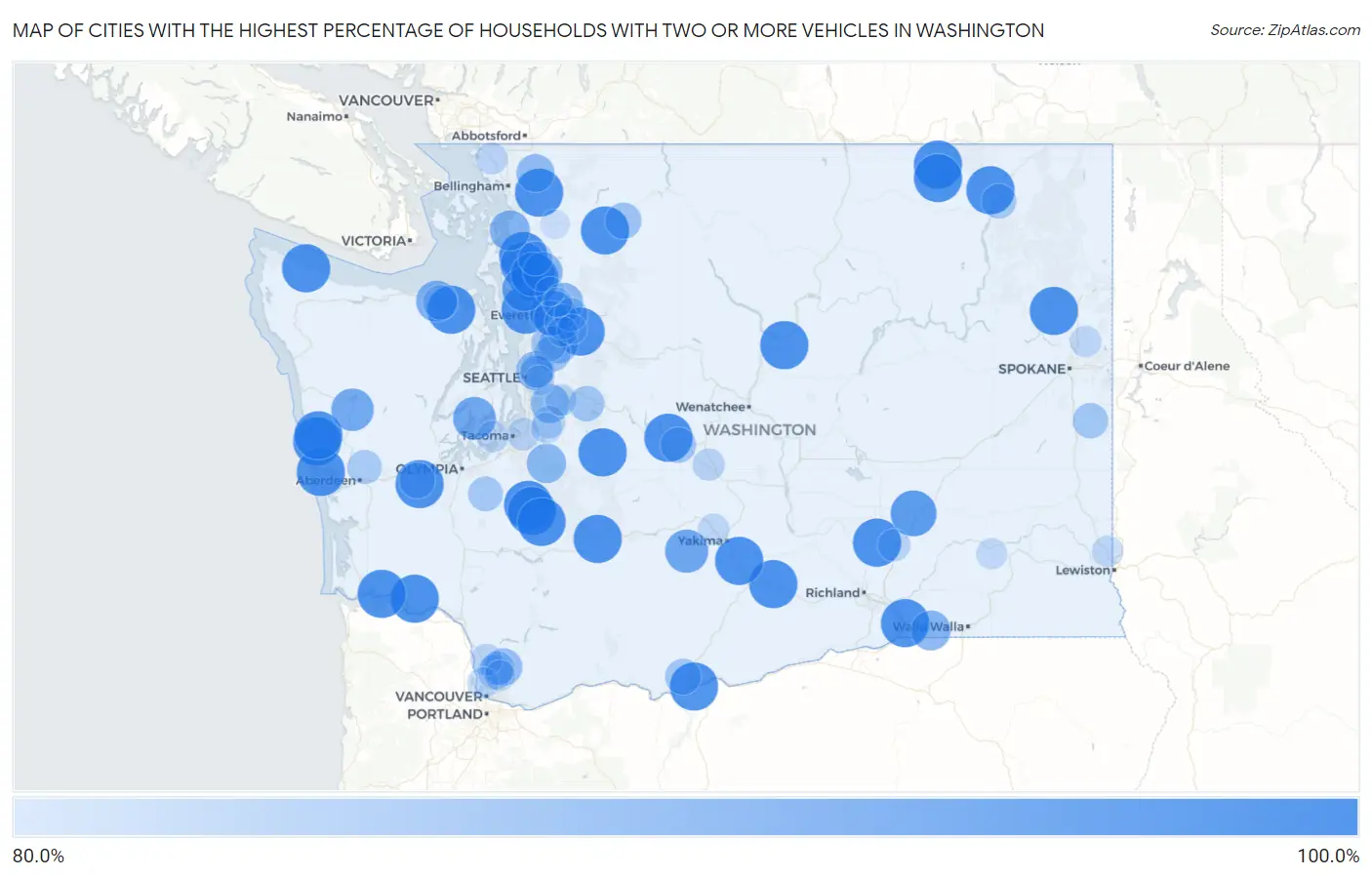 Cities with the Highest Percentage of Households With Two or more Vehicles in Washington Map
