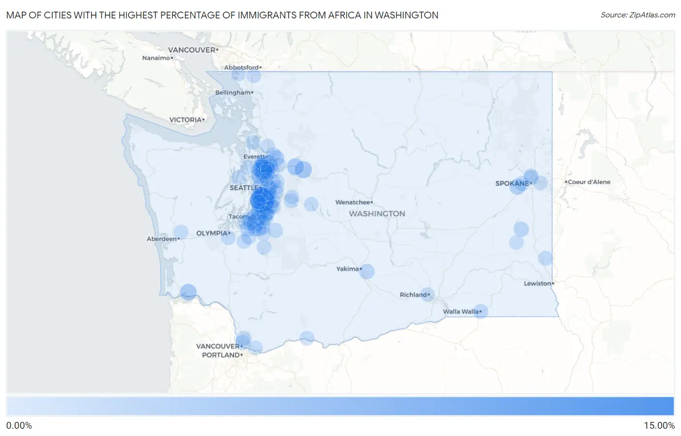 Cities with the Highest Percentage of Immigrants from Africa in Washington Map