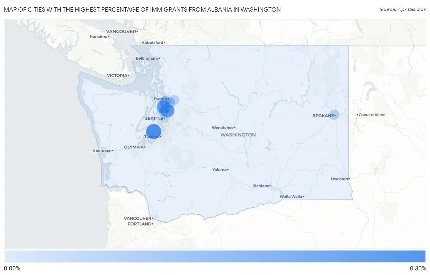 Cities with the Highest Percentage of Immigrants from Albania in Washington Map