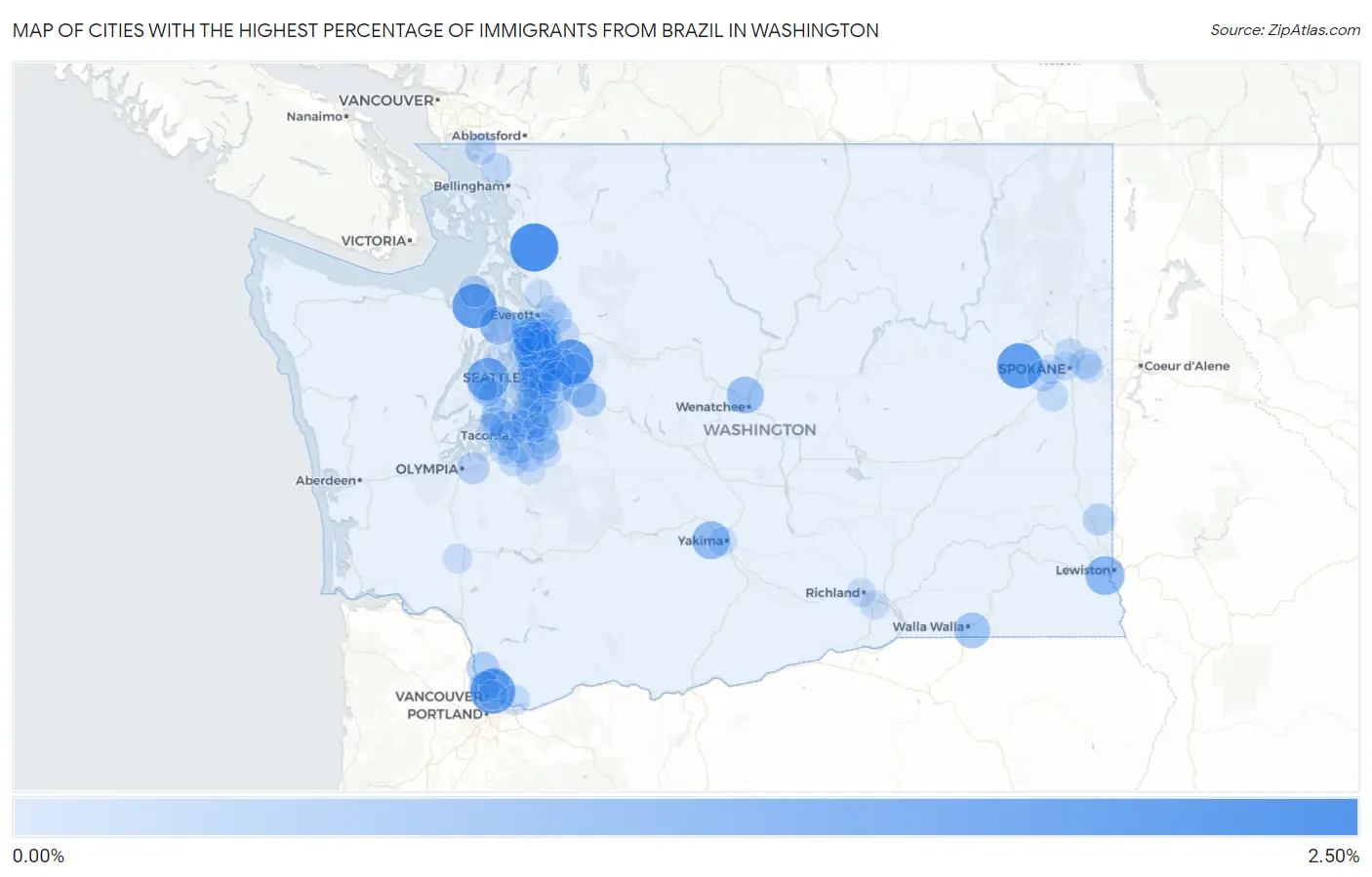 Cities with the Highest Percentage of Immigrants from Brazil in Washington Map
