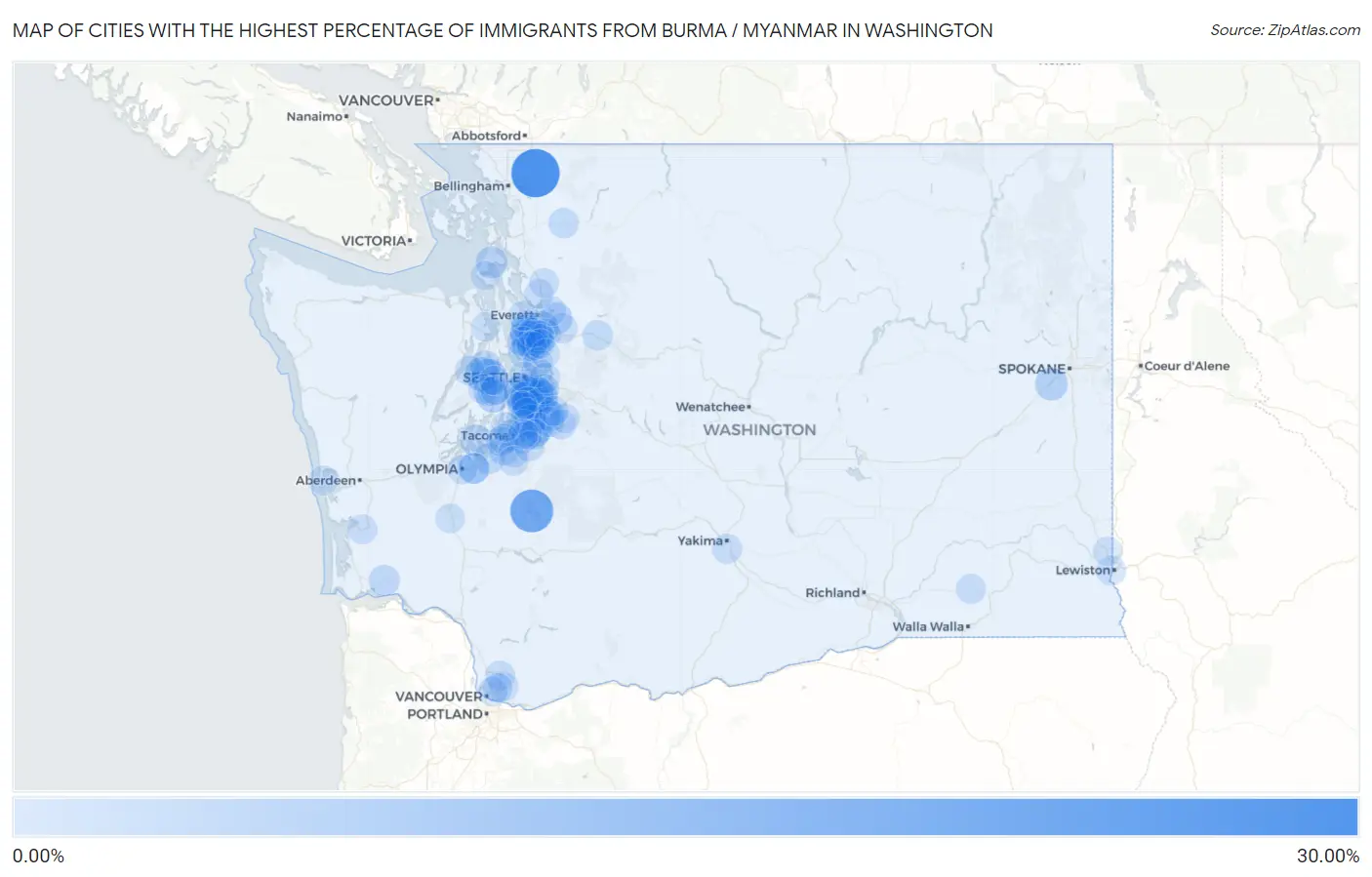 Cities with the Highest Percentage of Immigrants from Burma / Myanmar in Washington Map