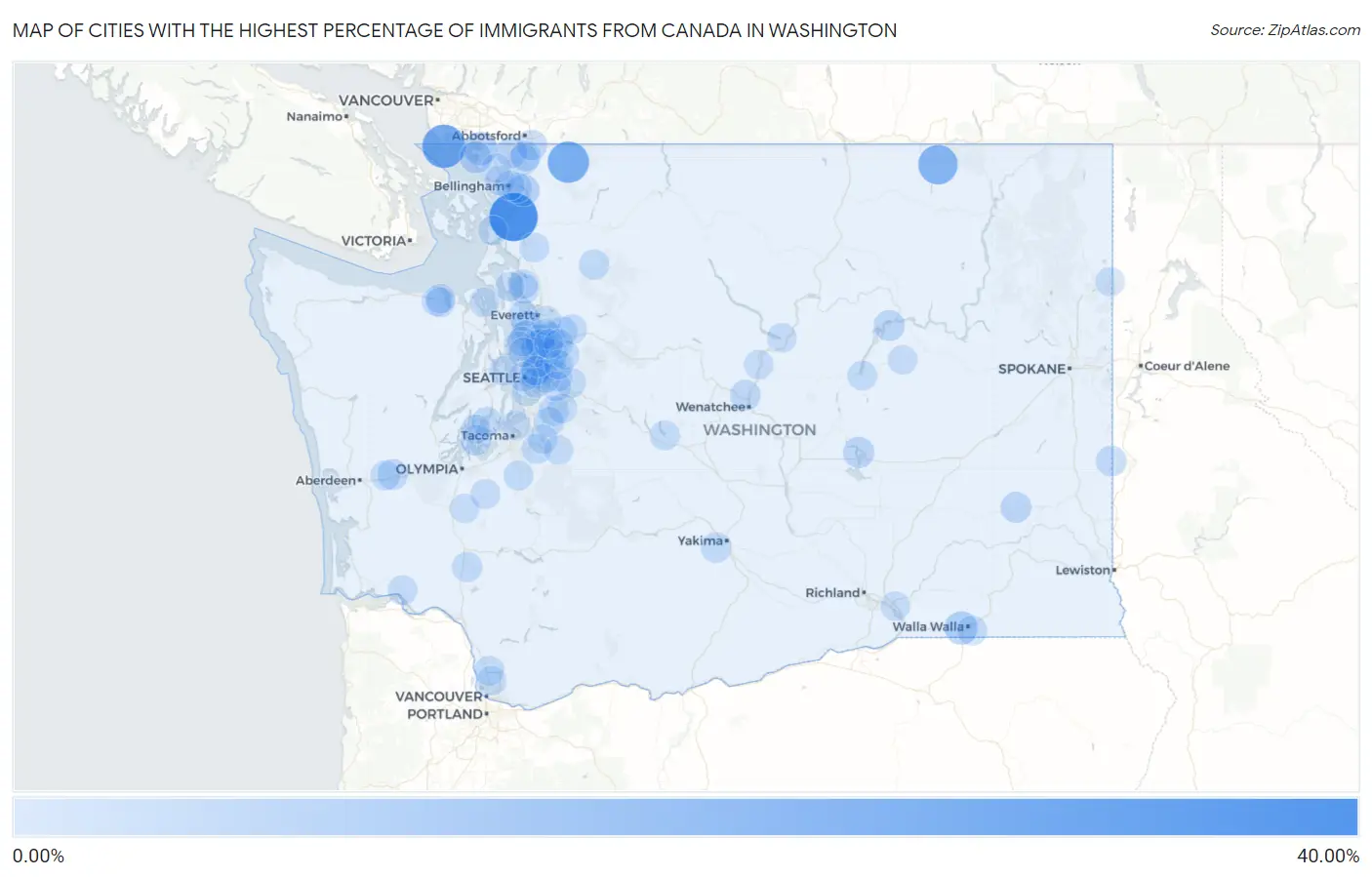 Cities with the Highest Percentage of Immigrants from Canada in Washington Map