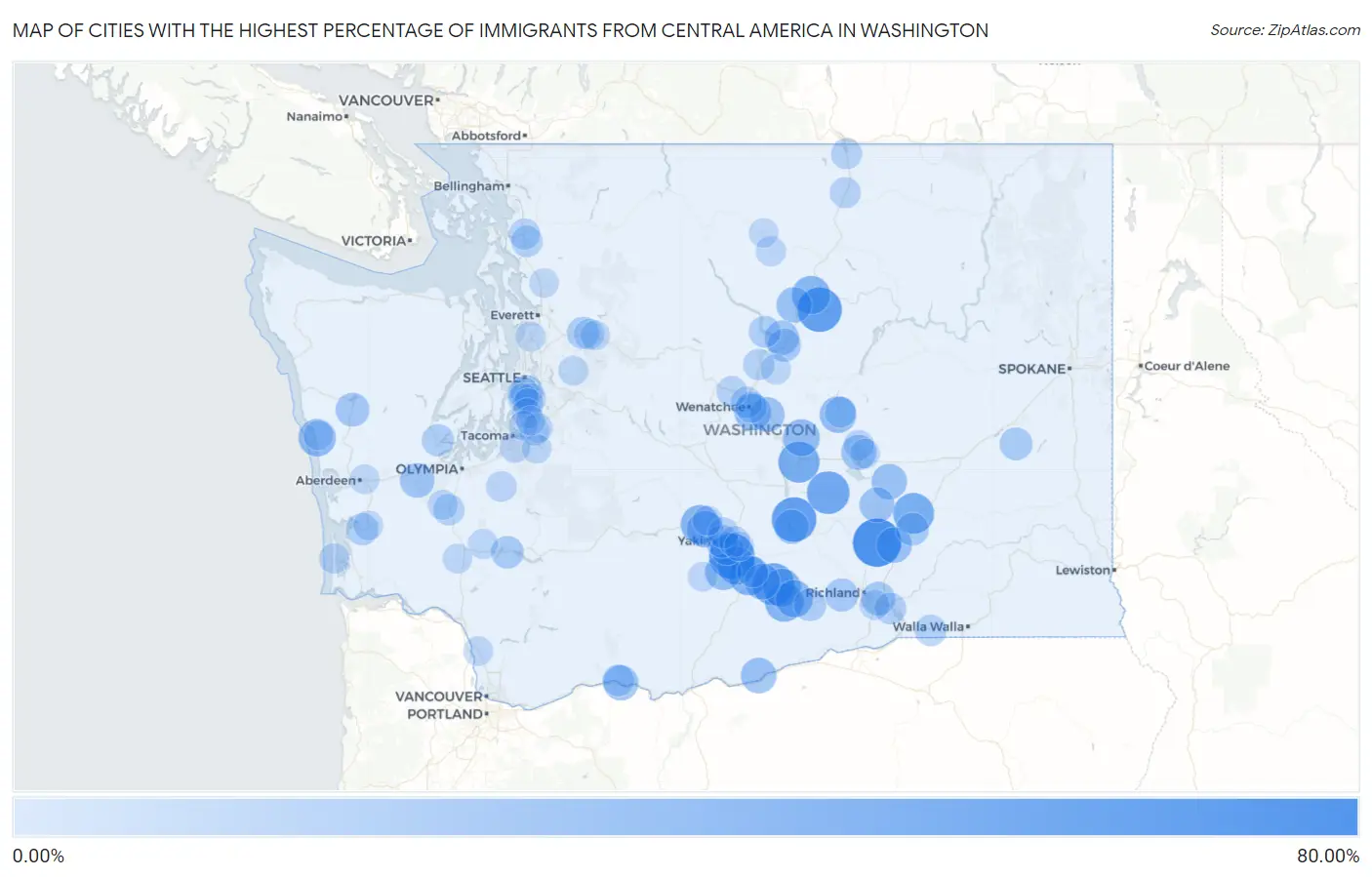 Cities with the Highest Percentage of Immigrants from Central America in Washington Map