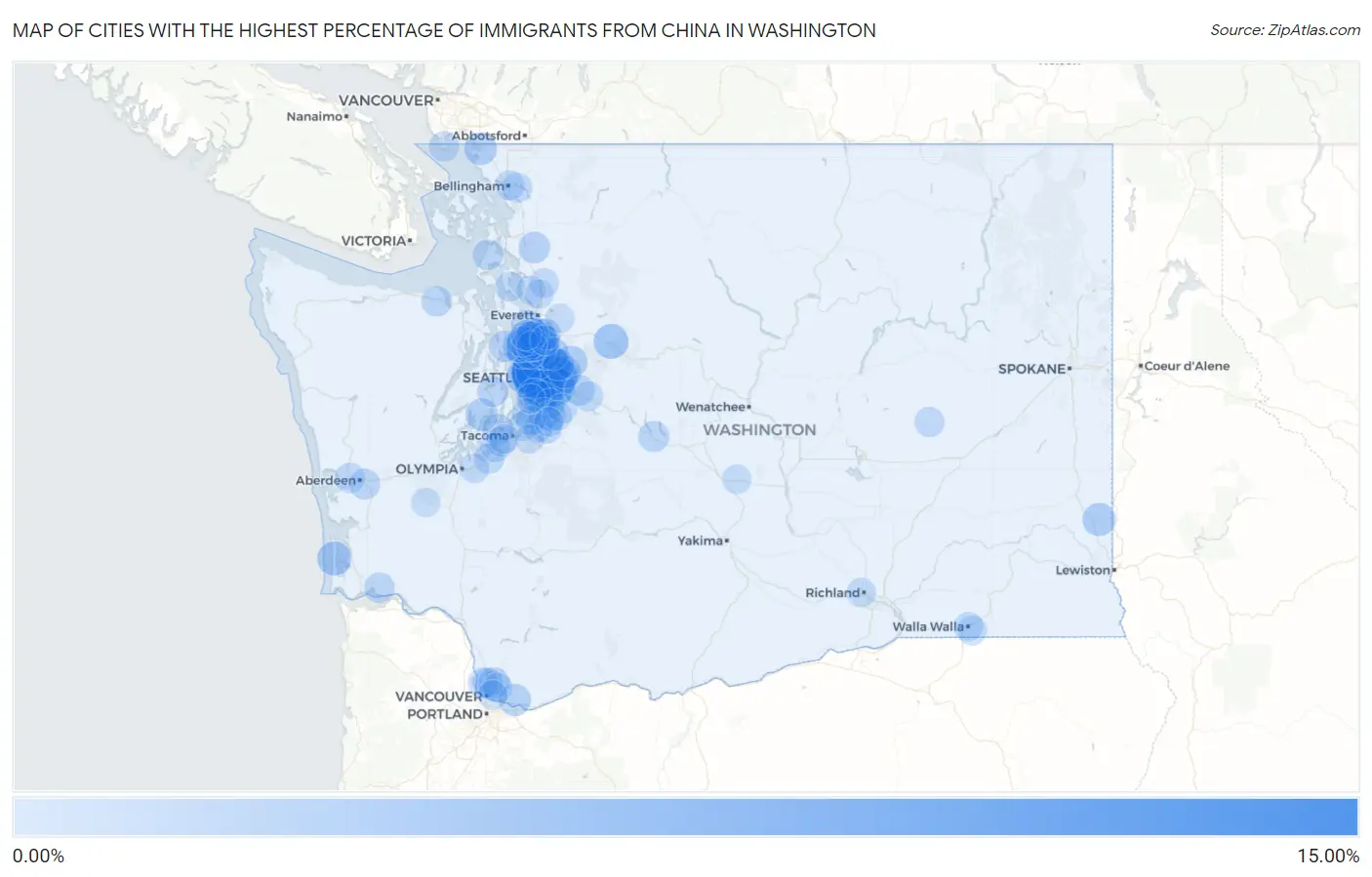 Cities with the Highest Percentage of Immigrants from China in Washington Map