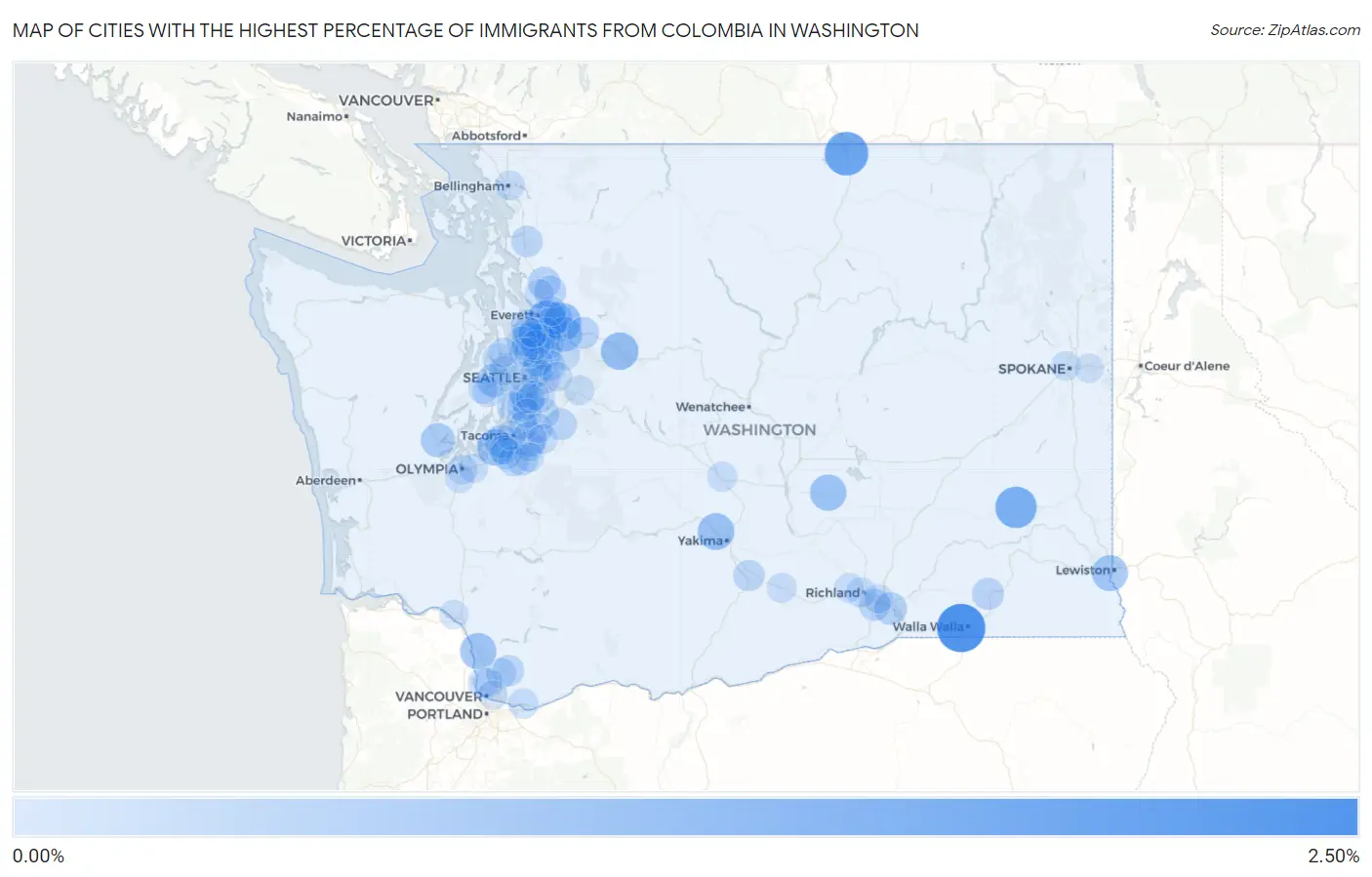 Cities with the Highest Percentage of Immigrants from Colombia in Washington Map