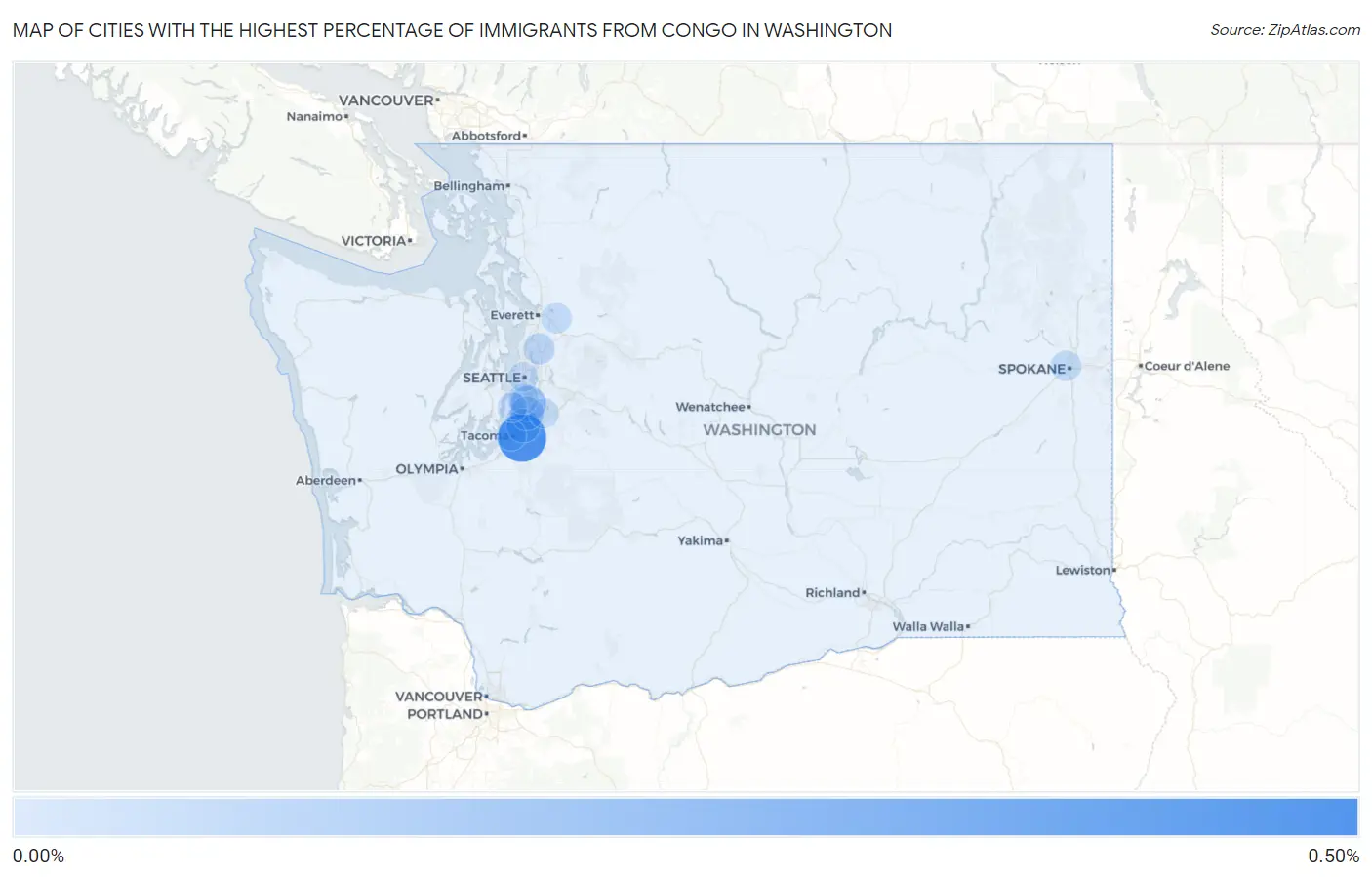 Cities with the Highest Percentage of Immigrants from Congo in Washington Map