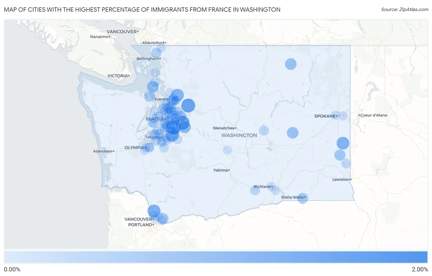 Cities with the Highest Percentage of Immigrants from France in Washington Map