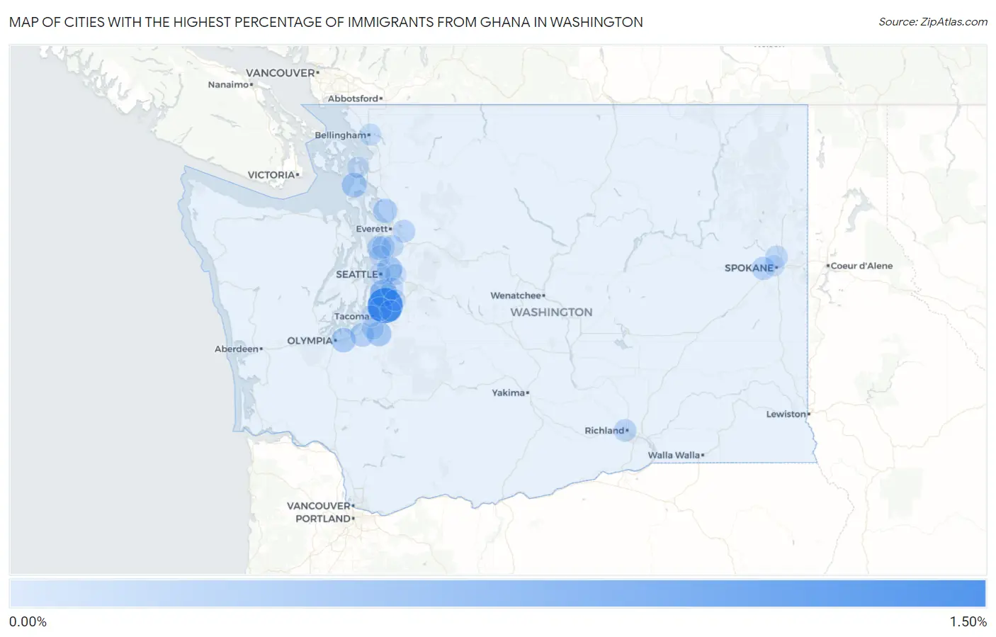 Cities with the Highest Percentage of Immigrants from Ghana in Washington Map