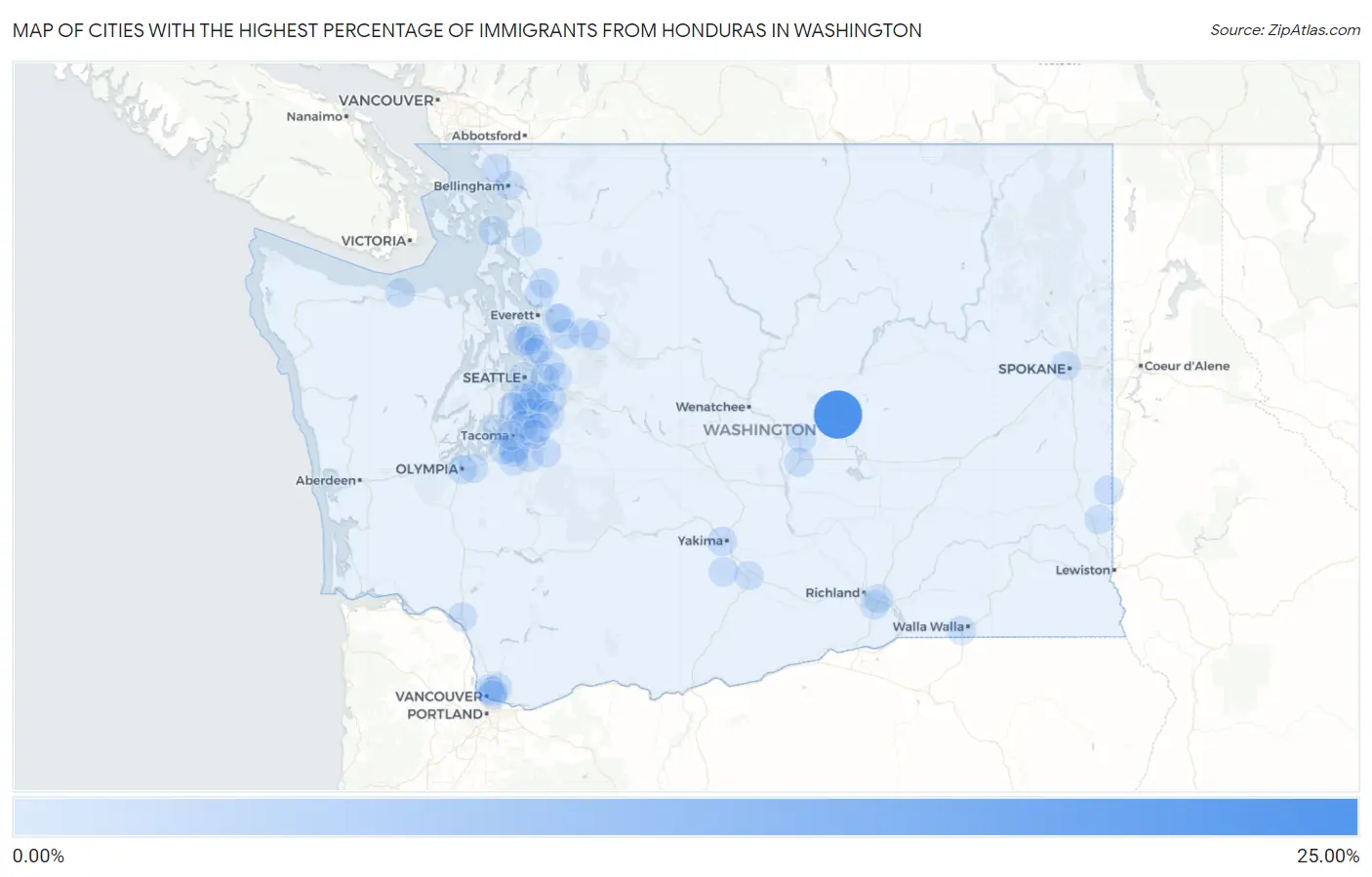 Cities with the Highest Percentage of Immigrants from Honduras in Washington Map