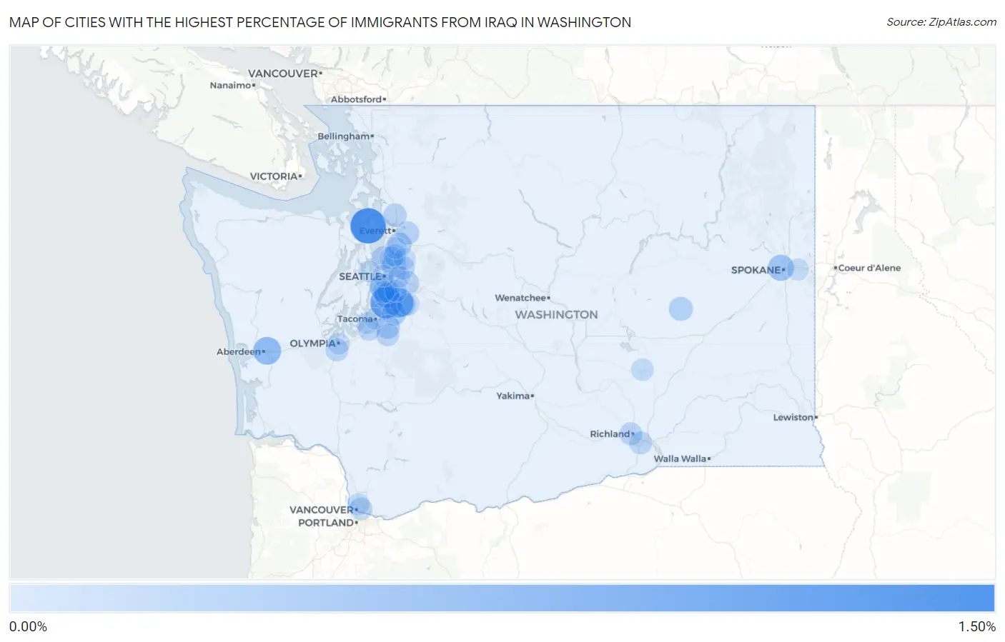Cities with the Highest Percentage of Immigrants from Iraq in Washington Map