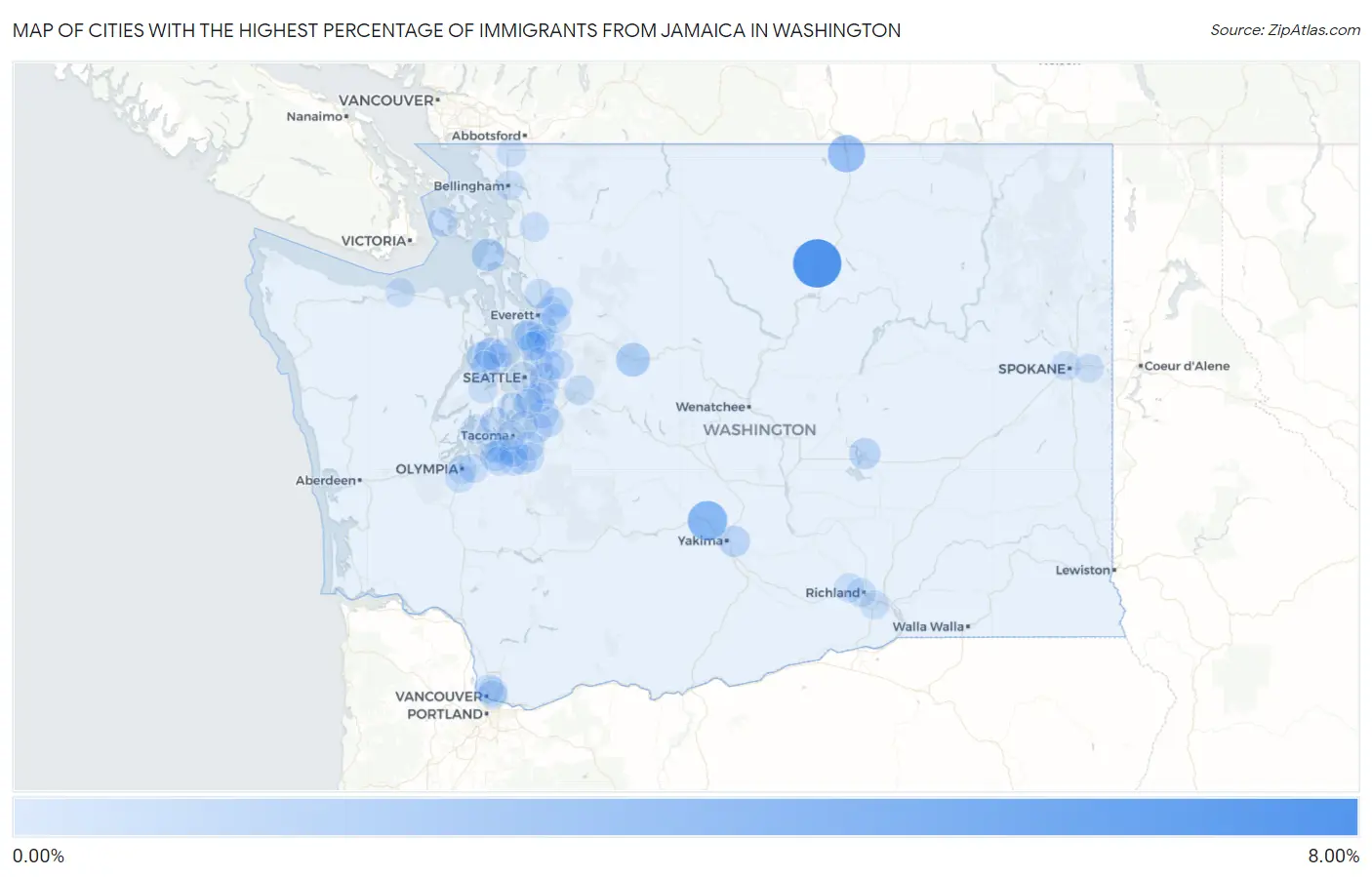 Cities with the Highest Percentage of Immigrants from Jamaica in Washington Map
