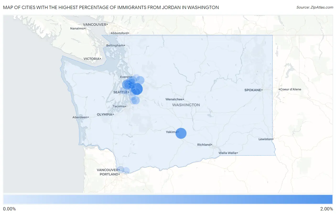 Cities with the Highest Percentage of Immigrants from Jordan in Washington Map