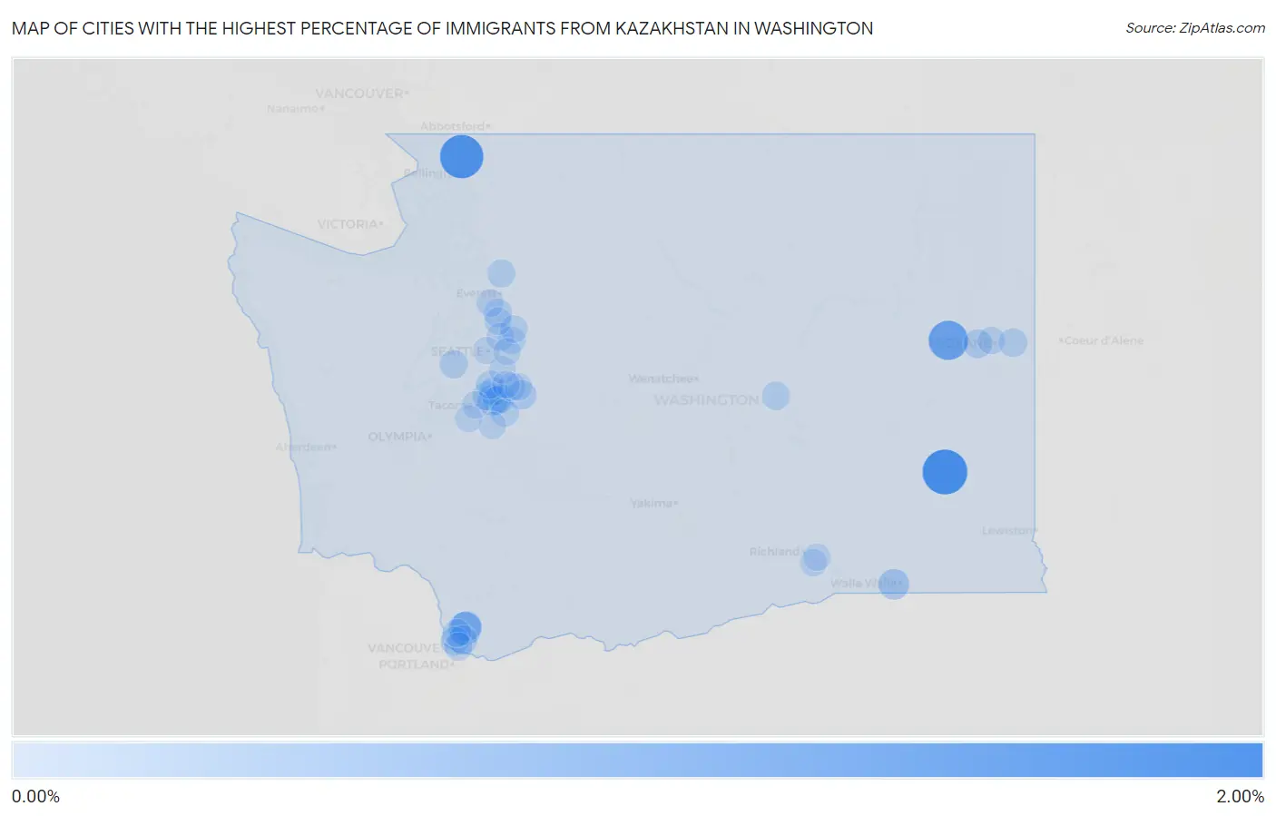 Cities with the Highest Percentage of Immigrants from Kazakhstan in Washington Map