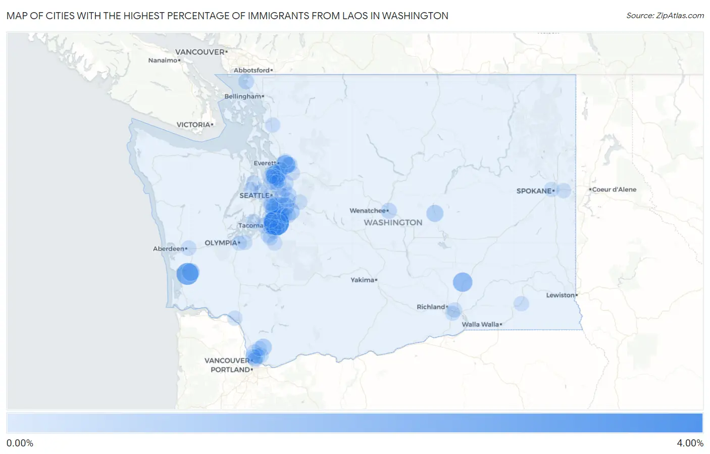 Cities with the Highest Percentage of Immigrants from Laos in Washington Map