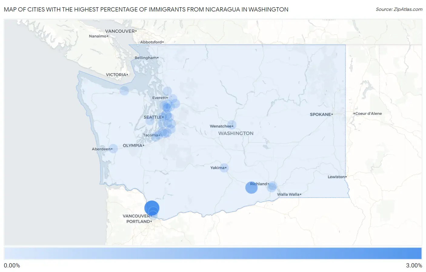 Cities with the Highest Percentage of Immigrants from Nicaragua in Washington Map