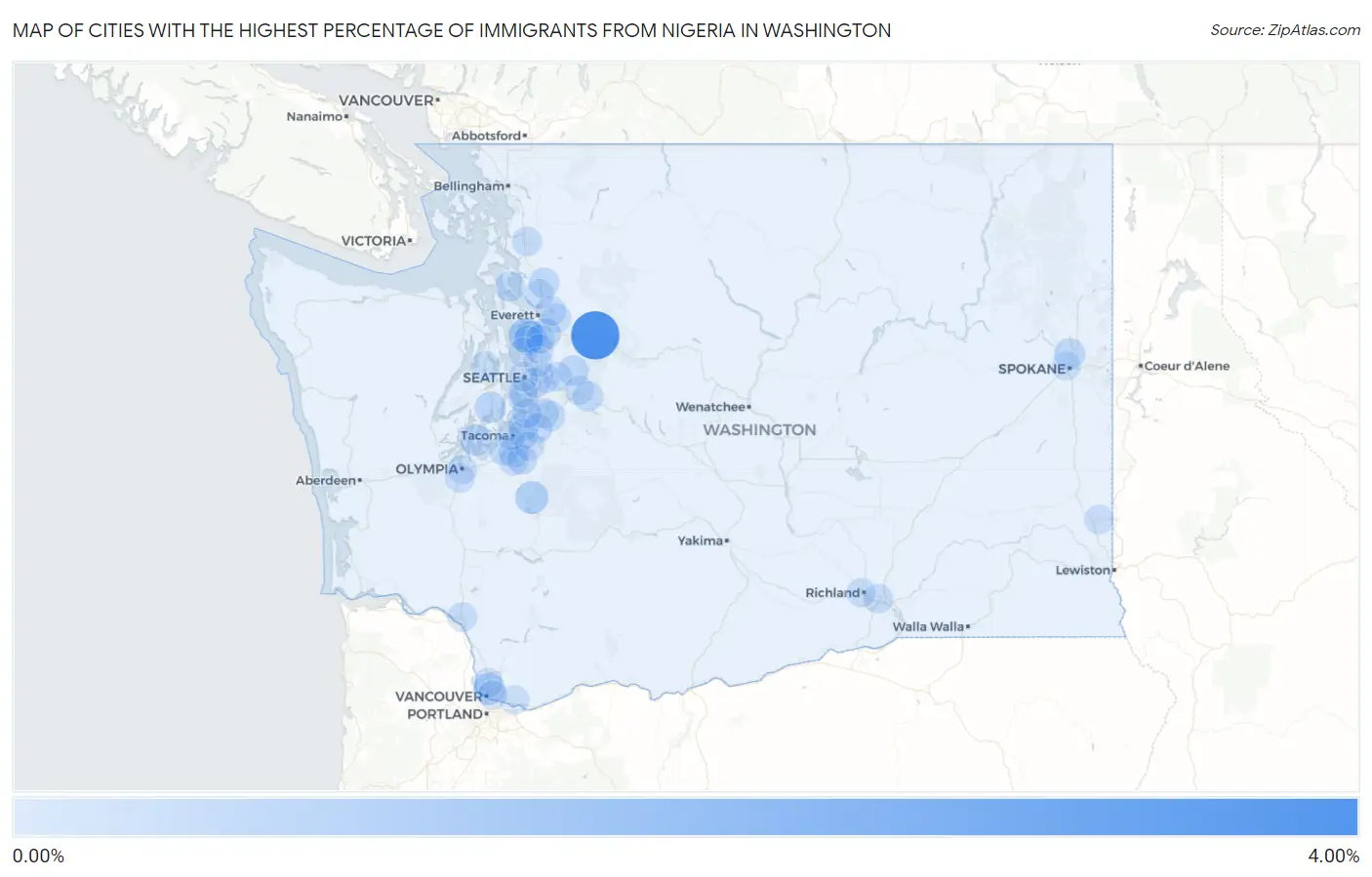 Cities with the Highest Percentage of Immigrants from Nigeria in Washington Map