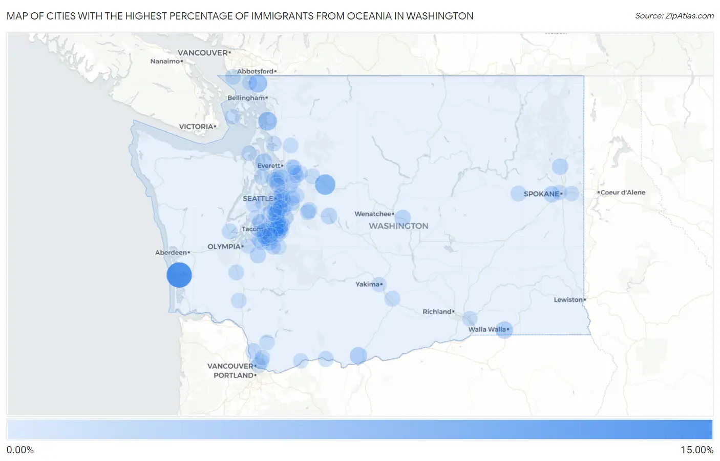 Cities with the Highest Percentage of Immigrants from Oceania in Washington Map
