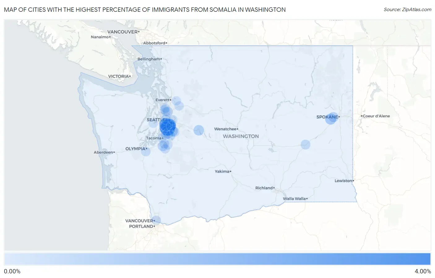 Cities with the Highest Percentage of Immigrants from Somalia in Washington Map