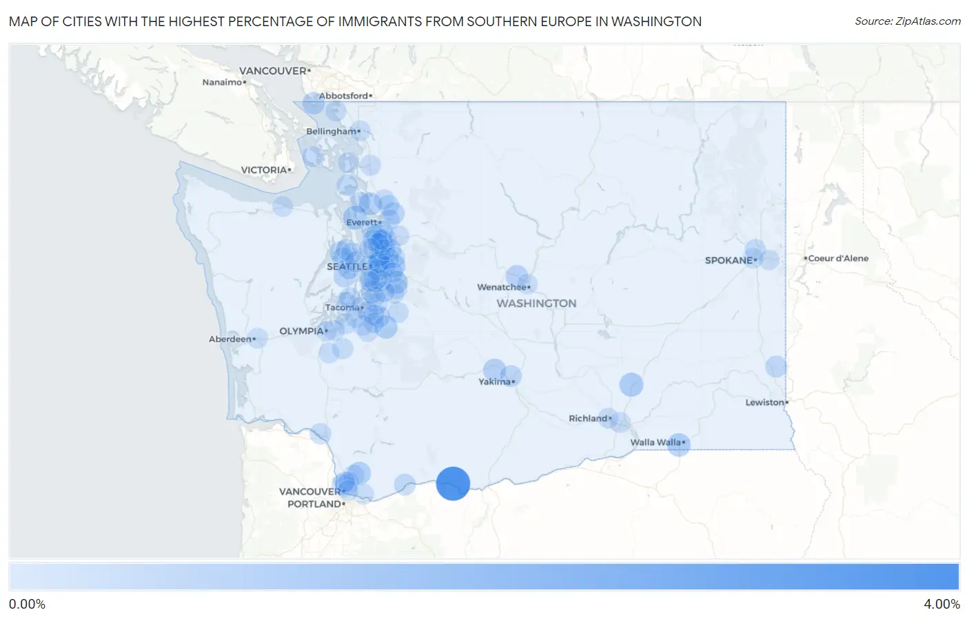 Cities with the Highest Percentage of Immigrants from Southern Europe in Washington Map