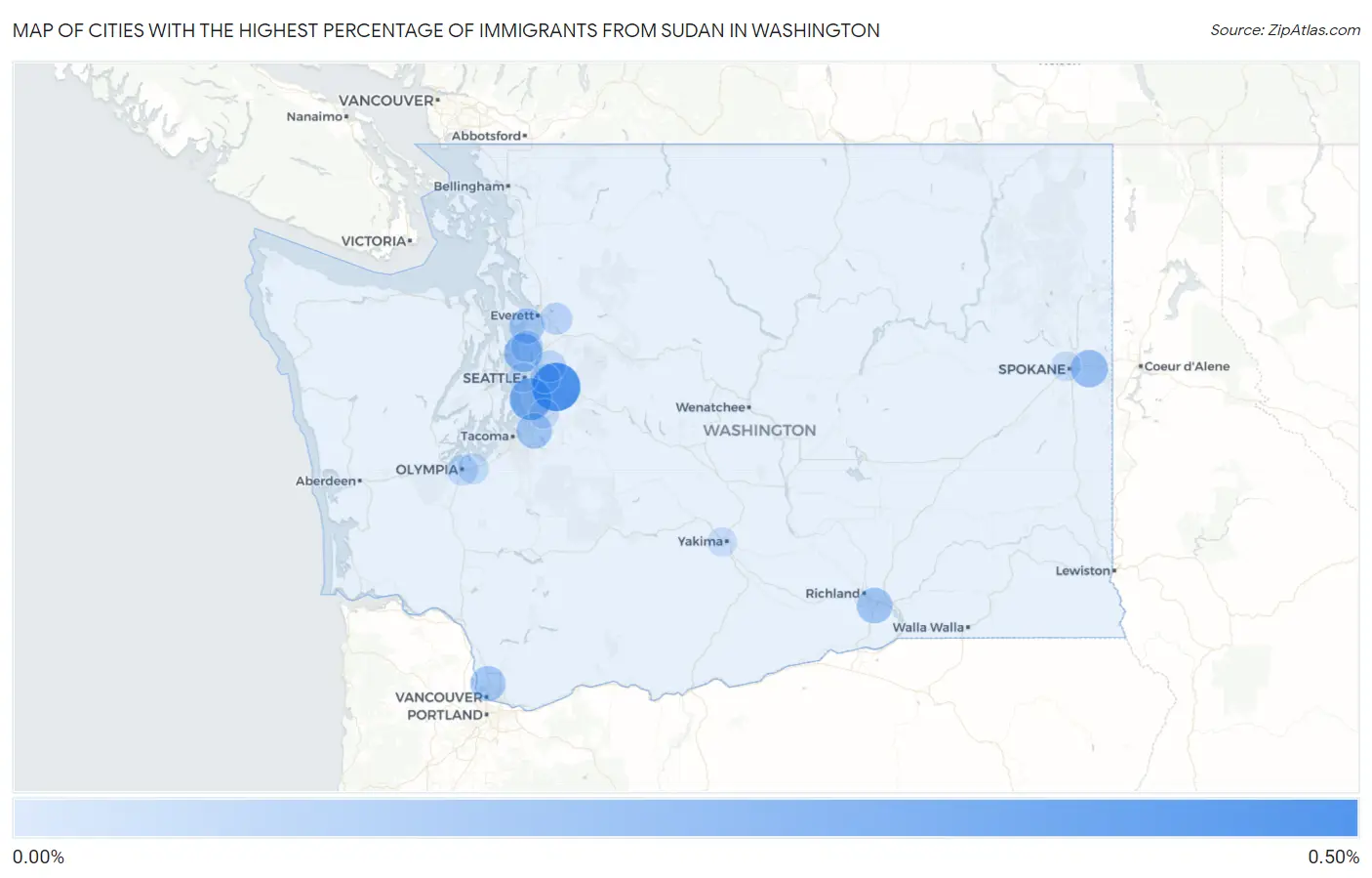 Cities with the Highest Percentage of Immigrants from Sudan in Washington Map