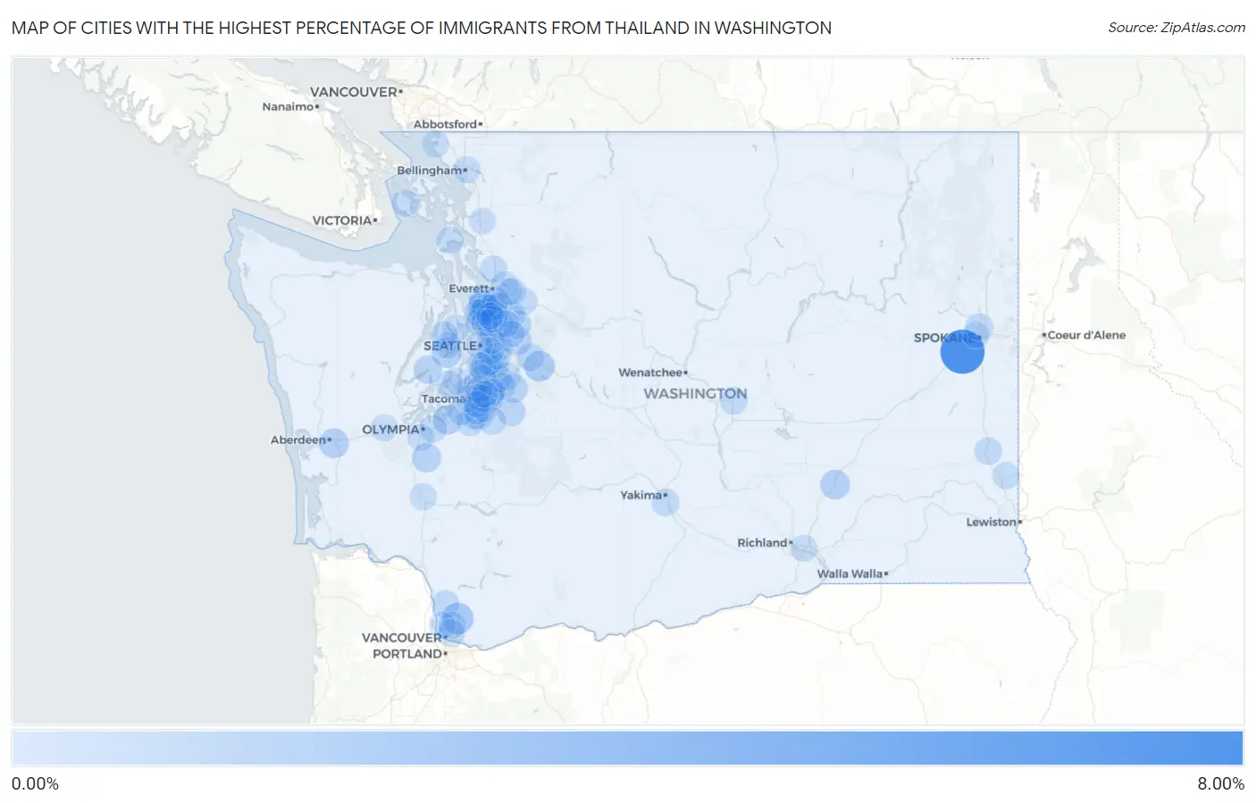 Cities with the Highest Percentage of Immigrants from Thailand in Washington Map