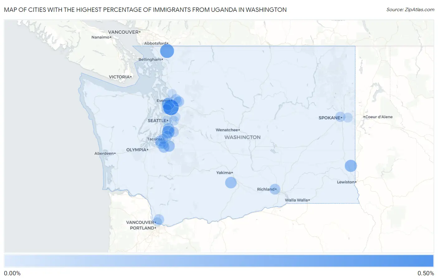 Cities with the Highest Percentage of Immigrants from Uganda in Washington Map