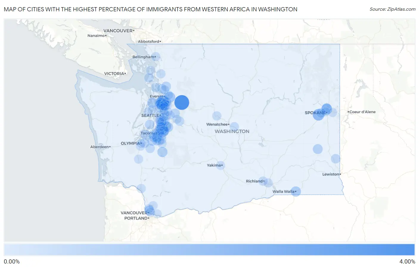 Cities with the Highest Percentage of Immigrants from Western Africa in Washington Map
