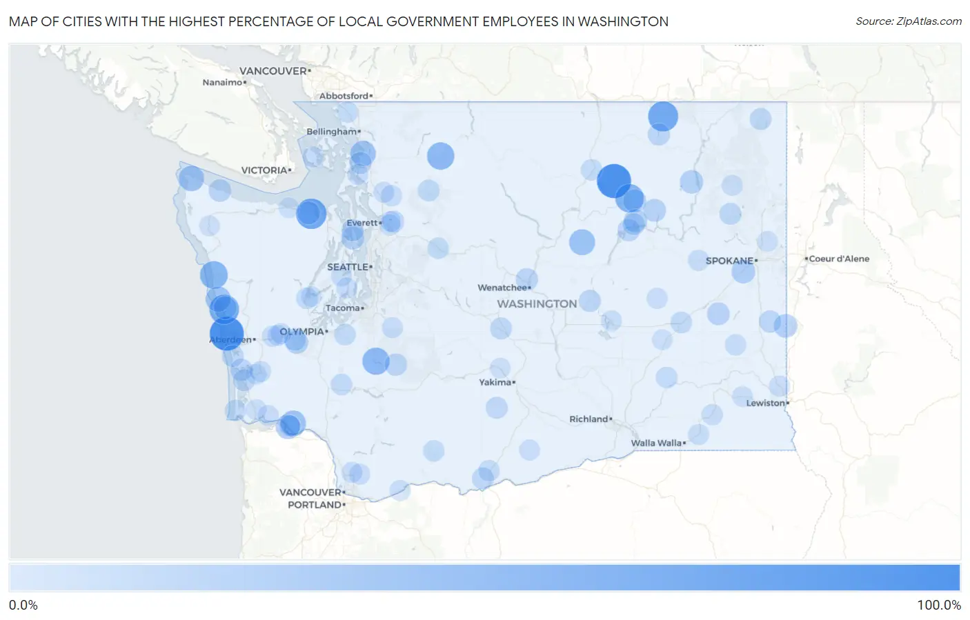 Cities with the Highest Percentage of Local Government Employees in Washington Map