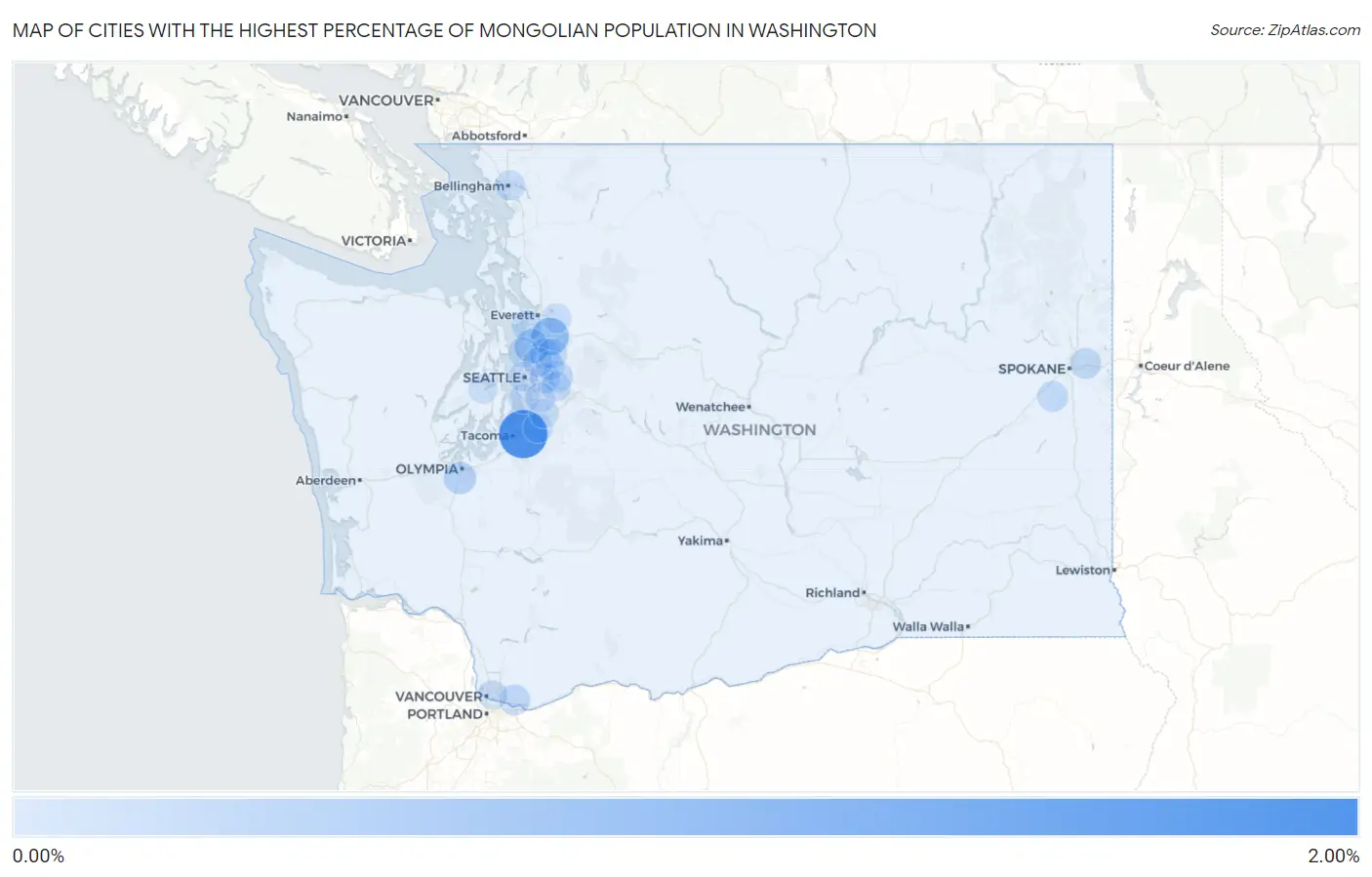 Cities with the Highest Percentage of Mongolian Population in Washington Map