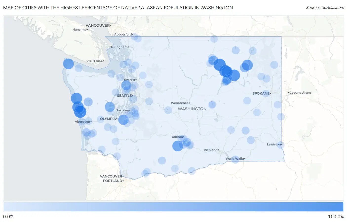 Cities with the Highest Percentage of Native / Alaskan Population in Washington Map
