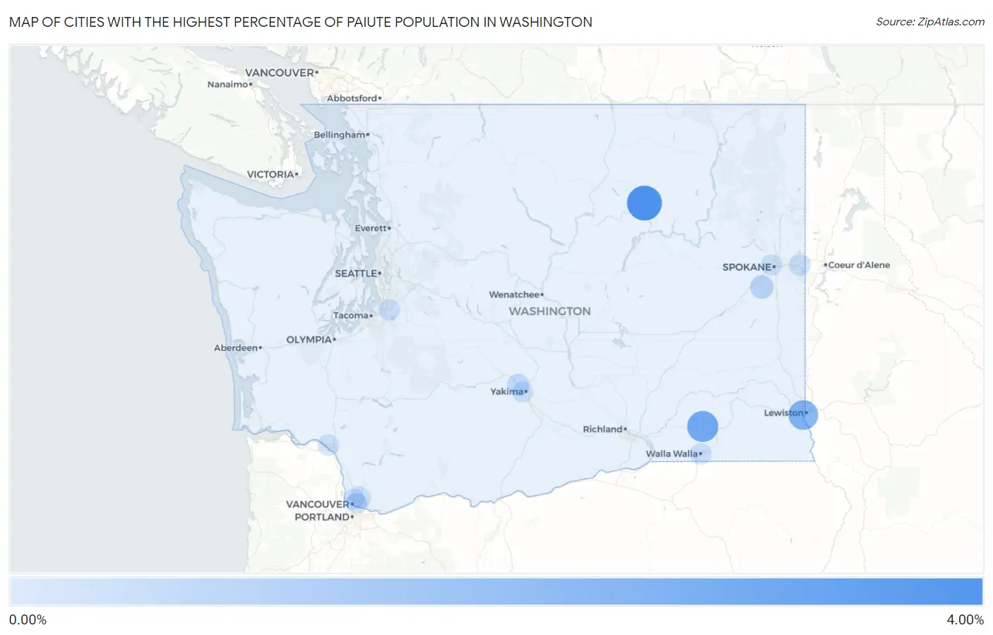 Cities with the Highest Percentage of Paiute Population in Washington Map