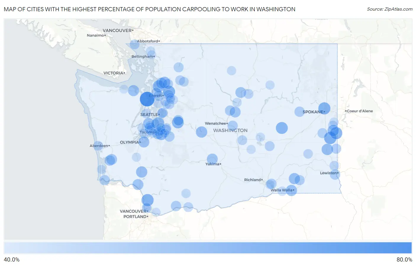 Cities with the Highest Percentage of Population Carpooling to Work in Washington Map