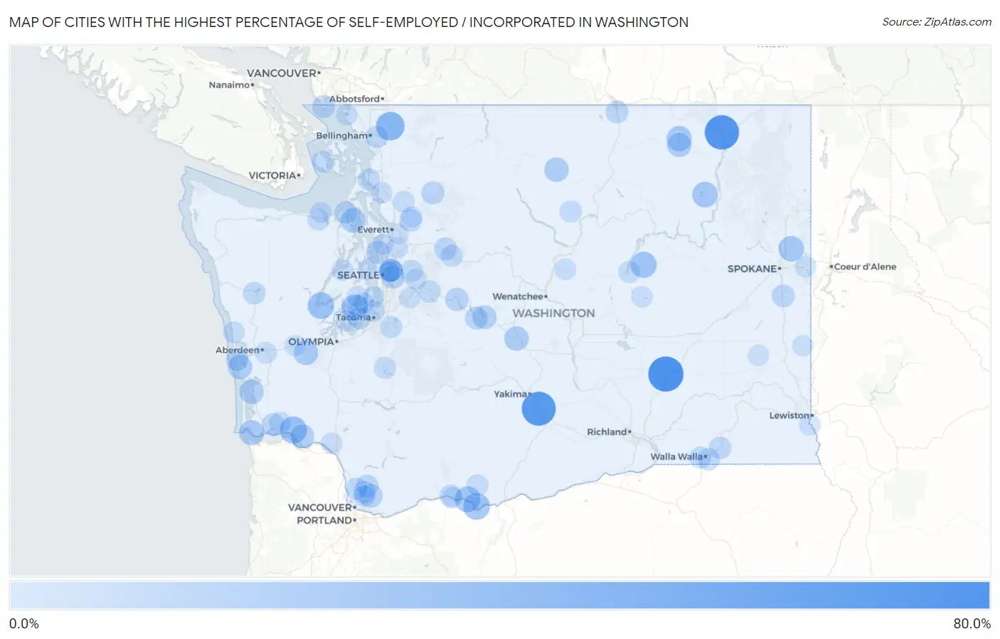 Cities with the Highest Percentage of Self-Employed / Incorporated in Washington Map