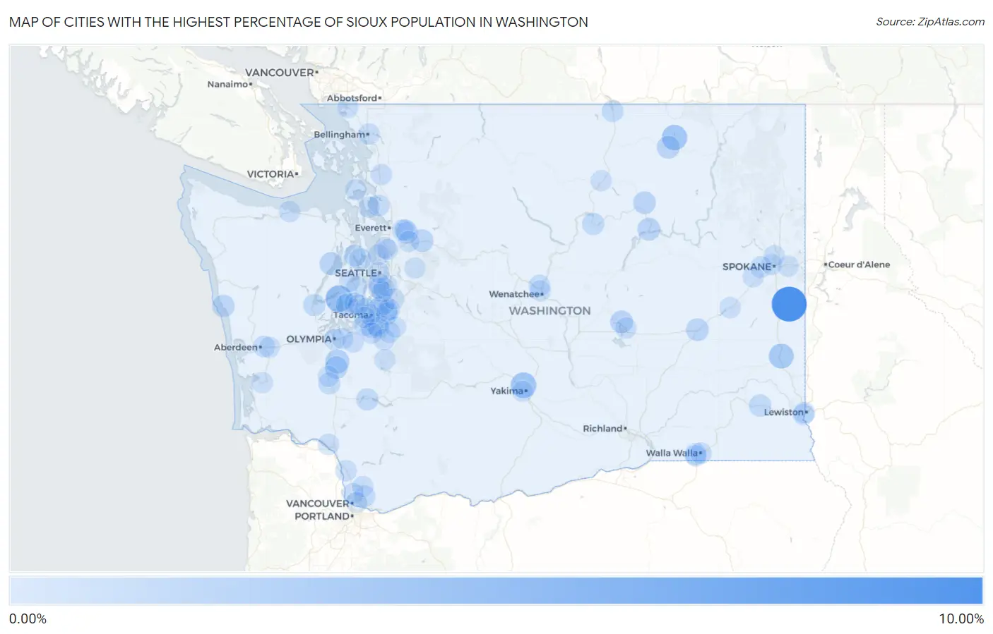 Cities with the Highest Percentage of Sioux Population in Washington Map