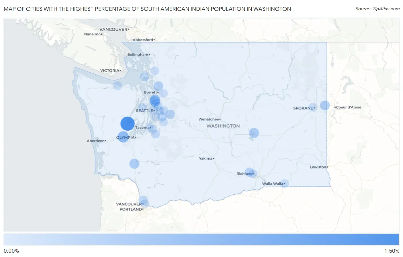Cities with the Highest Percentage of South American Indian Population in Washington Map