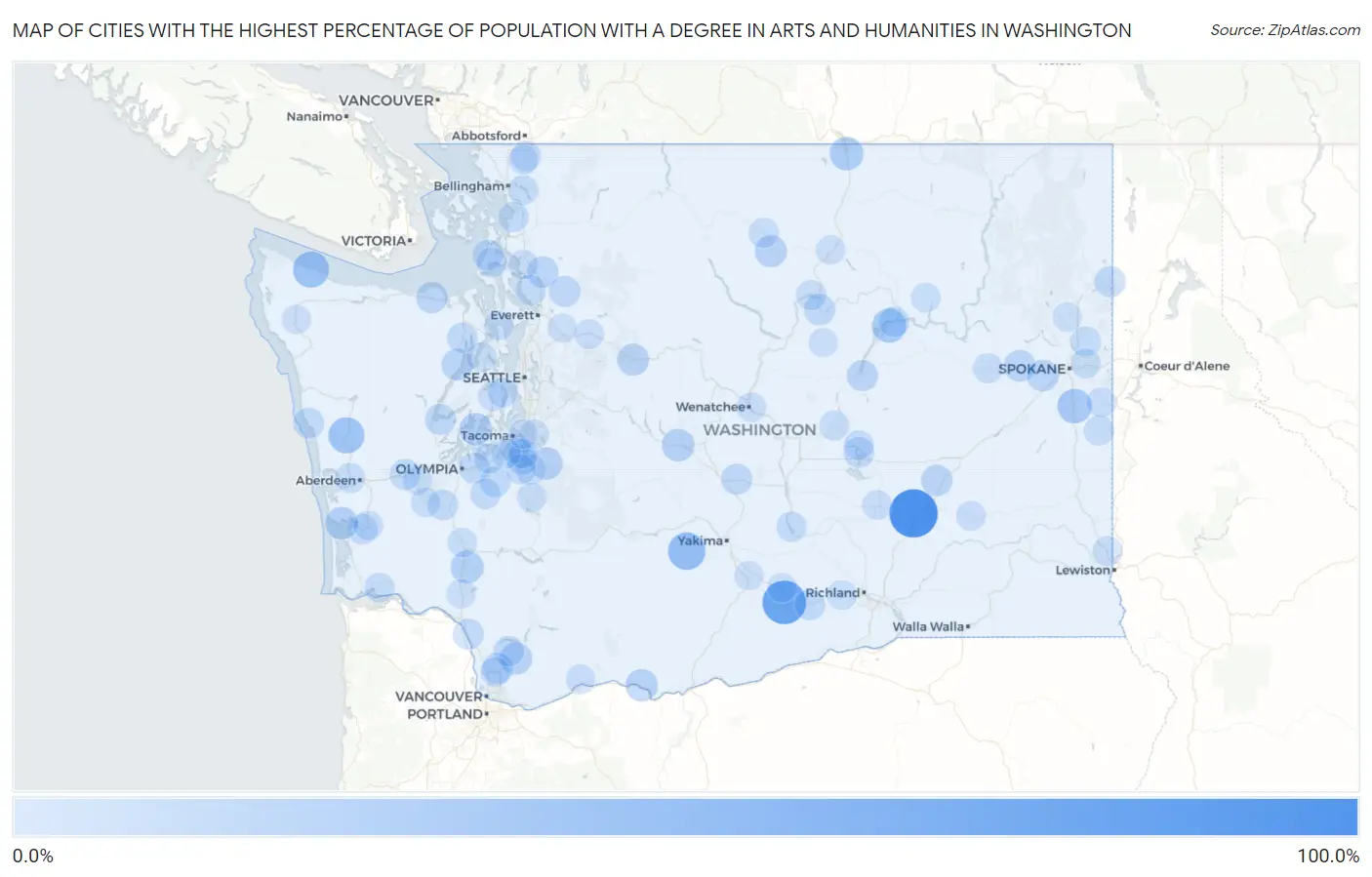 Cities with the Highest Percentage of Population with a Degree in Arts and Humanities in Washington Map