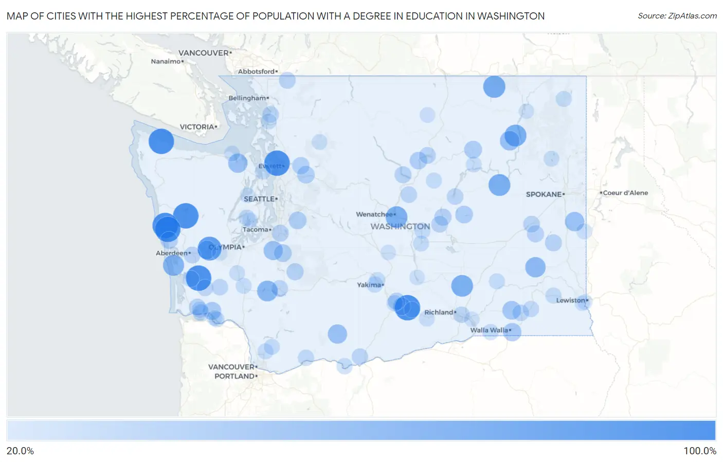 Cities with the Highest Percentage of Population with a Degree in Education in Washington Map