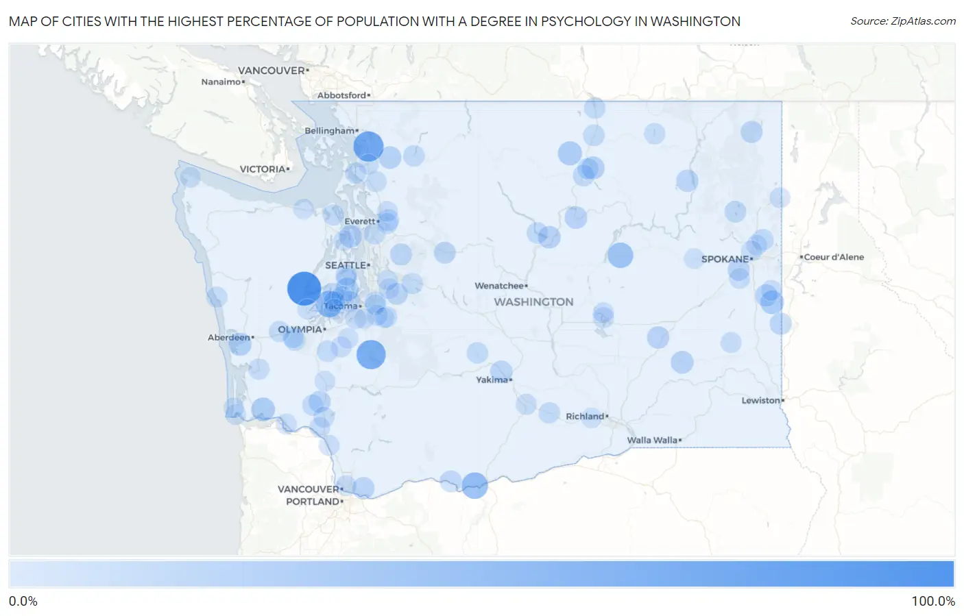 Cities with the Highest Percentage of Population with a Degree in Psychology in Washington Map