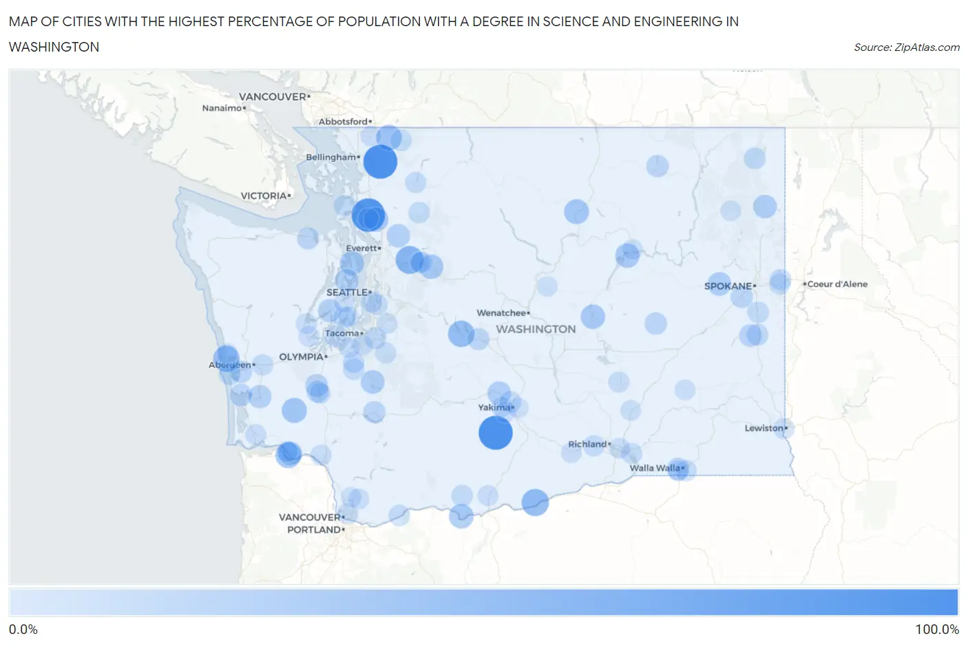 Cities with the Highest Percentage of Population with a Degree in Science and Engineering in Washington Map